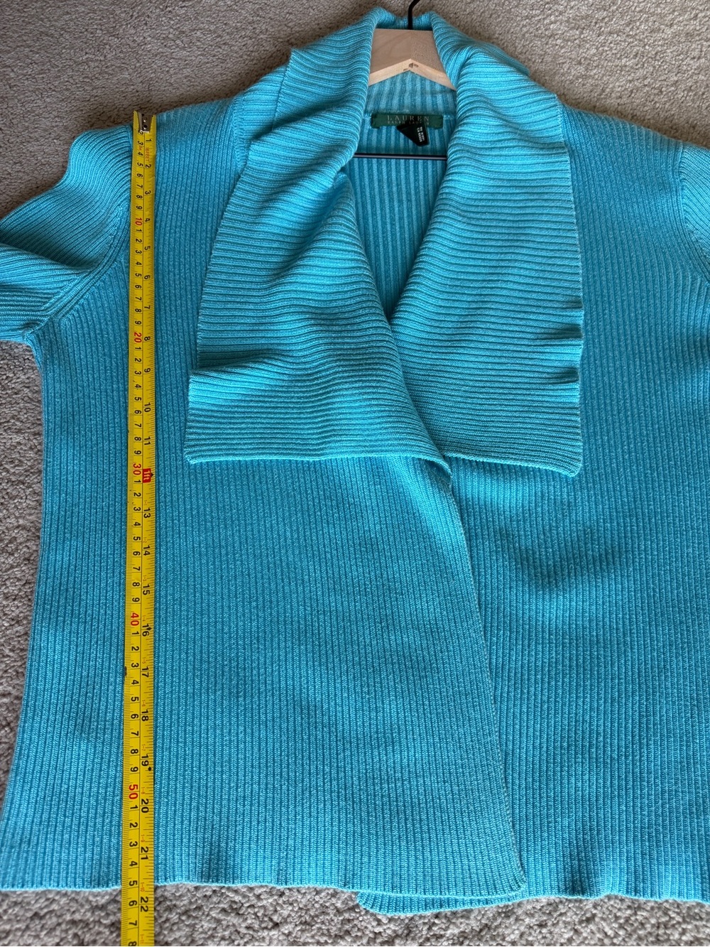 Lauren Ralph Lauren Turquoise Blue Ribbed Cardigan Open Front Sweater L Viscose - Picture 7 of 8